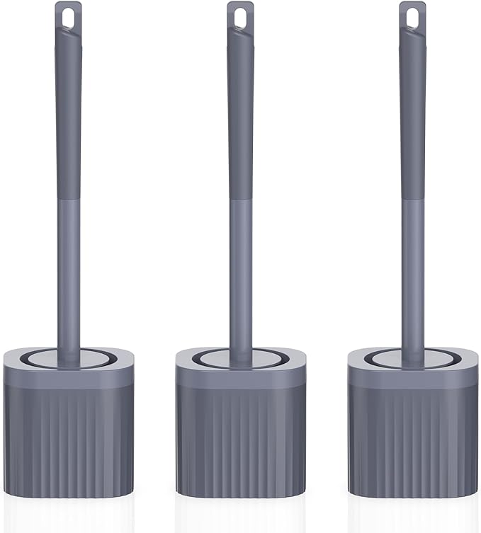 Toilet Brush, Compact Toilet Brush and Holder Set with Nylon Bristles 3 Pack Toilet Bowl Brush Hidden Scrubber Brushes for Bathroom Deep Cleaning—Grey Blue