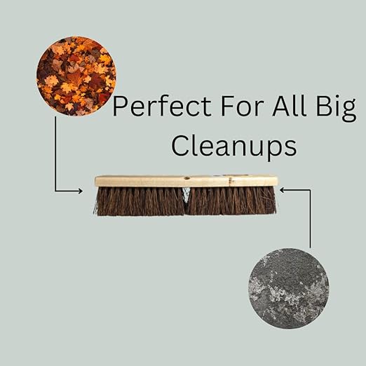 Bristles 4218 18” Outdoor Push Broom Head – Heavy Duty Hardwood Block, Rough Surface Stiff Palmyra Fibers, Brown