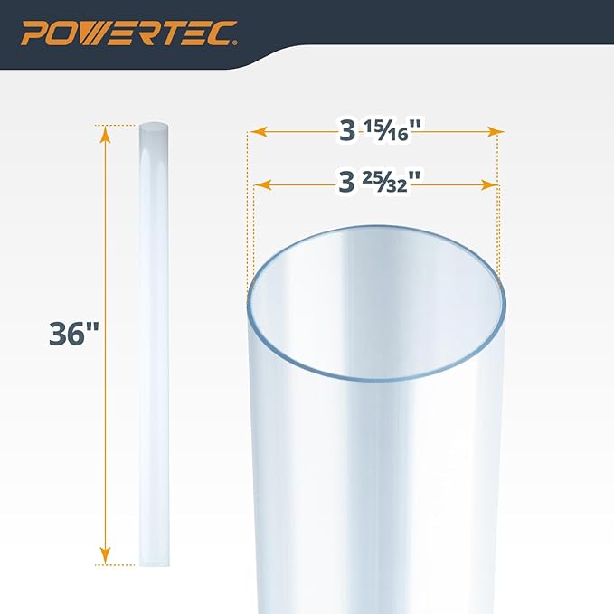 POWERTEC Clear PVC Pipe 4" x 36" Long, 1PK Rigid Plastic Tubing, Round Tube Compatible w/Dust Collection Fittings, Hose for Woodworking Tool, Dust Collection System, Toy Cars and Bird Feeder (70272V)