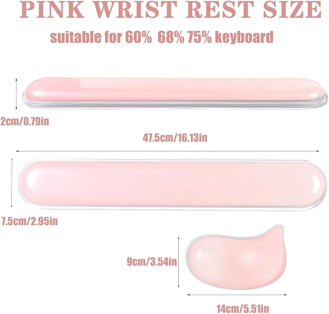 Gel Keyboard and Mouse Wrist Rest Set –Pink Clear Wrist Rest for Computer Keyboard 60%/68%/75%, Comfort & Support for Typing and Gaming