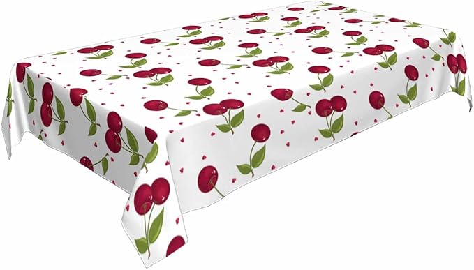 Red Cherry Table Cloth Rectangle Table Sweet Red Ripe Cherries Green Leaves 52x70 Tablecloths Decorative for Dining Kitchen Banquet Picnic Party