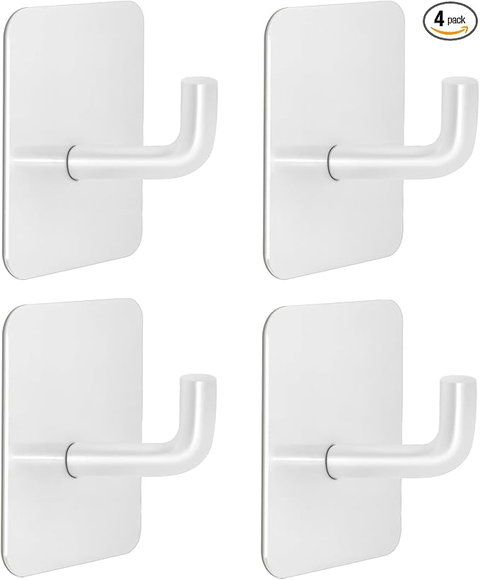 Adhesive Hooks for Bathrooms, 4 Piece Towel Hooks for Hanging Hat Robe Coat, Stick on Hooks for Kitchens, Strong Self-Adhesive No Damage Waterproof Stainless Steel Sticky Hook (White)