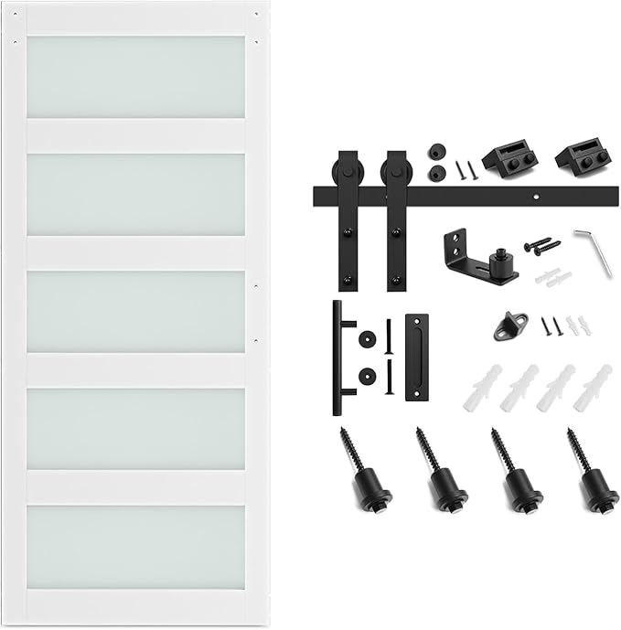 SmartStandard 34 x 84 in Glass Barn Door with 6FT Sliding Hardware Kit & Handle, Pre-Drilled Ready to Assemble, Waterproof PVC Coating, White, 5-Panel Glass