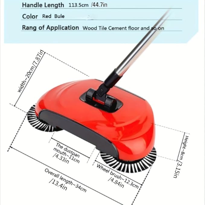 Manual Sweeper, Carpet Sweeper, Mini Hand Push Sweeper 3 in 1 Household Cleaning Lazy Dustpan Trash Bin 360° Rotating Floor Cleaning Mop for Hardwood Ceramic Tiles, with 10 Cloth (Bright Red)