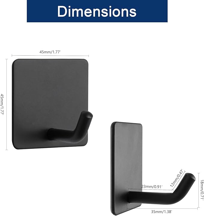 NearMoon Adhesive Hooks- Heavy Duty Bath Wall Hooks Waterproof Stainless Steel Towel Hangers Stick on Wall Clothes Holders for Bathroom Kitchen Home, 5 Pack (Matte Black)