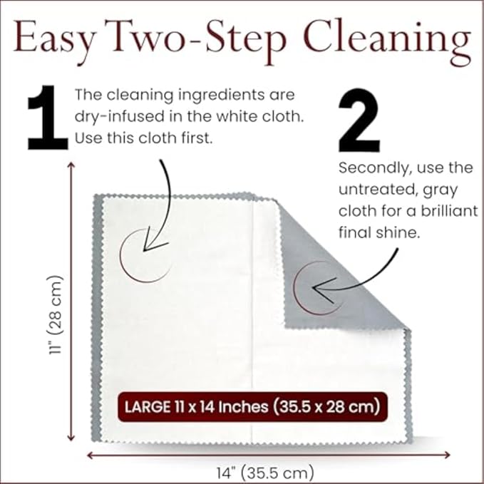 Pro Size Polishing Cloth Set of 2 Large Cleaning Cloths Pure Cotton Made in USA for Gold Silver and Platinum Jewelry Coins Watch, Silverware 11 x 14 inches each Tarnish Remover Keeps Jewelry Shining