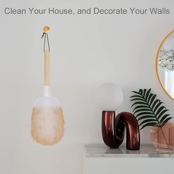Feather Duster, Lambswool Duster for Cleaning Set of 2, Wooden Handle with Hanging Rope, Washable Reusable Small Hand Duster for Cleaning Wall Plant Desk, Blind Cleaner Duster Tool