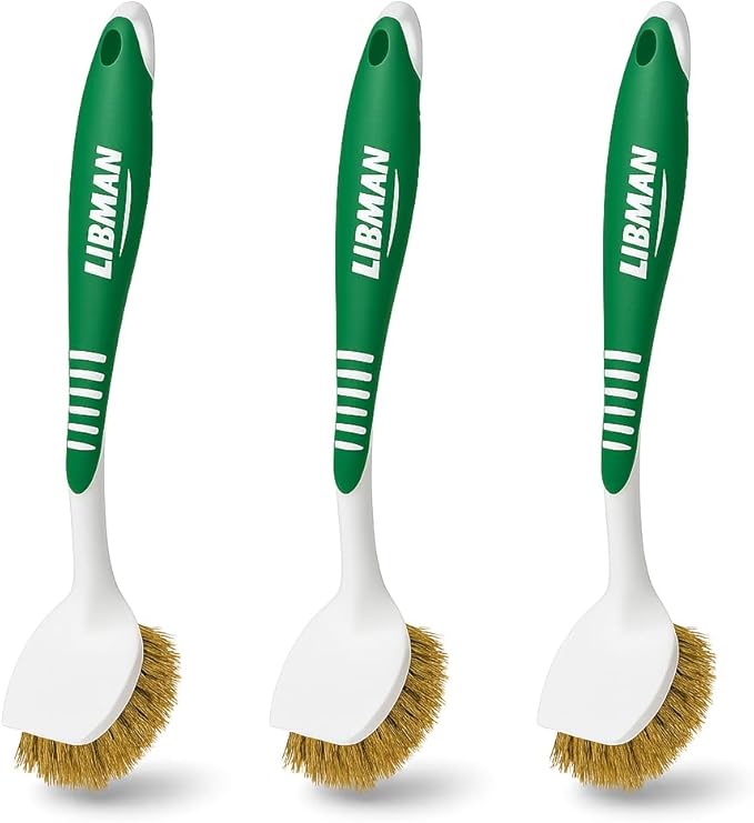 Libman Brass Brush Pot Scrubber - Metal Wire Brass Pot Brush - 3 Pk Wire Scrub Brushes with Pot & Pan Scraper for Cleaning Grills, Skillets, Oven Racks