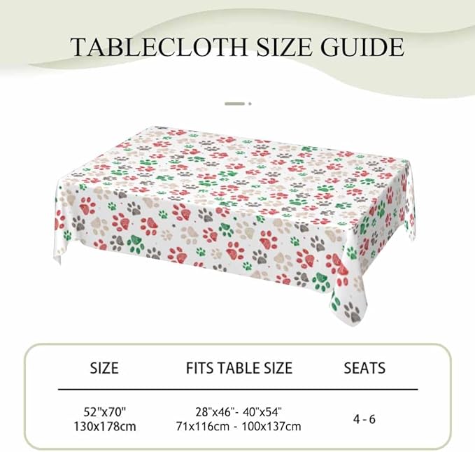 Paw Prints Table Cloth 52x70 Doodle Dog Cat Red Green Footprint Rectangular Tablecloth Polyester Washable Table Cover for Dining Kitchen Banquet Picnic Decorative