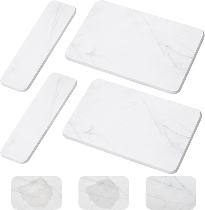 4 Pcs Absorbent Diatomaceous Dish Drying Mat Set White Non Slip 12x8in ＆ 9x3in Drying Mat Heat Resistant Small Size Hard Draining Instant Dish Pad for Rack Kitchen Counter Bathroom Sink