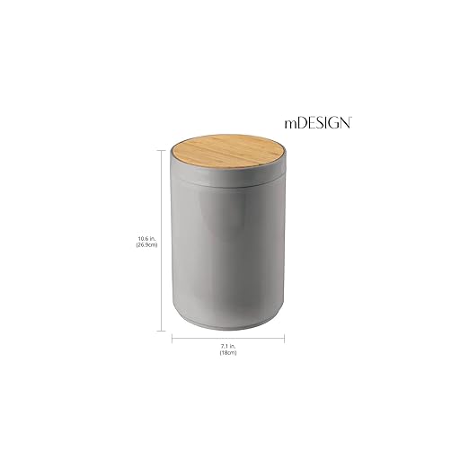 mDesign Plastic Round Trash Can Small Wastebasket - Garbage Bin Container with Swing-Close Lid - Bathroom Garbage Basket - Holds Waste, Recycling - 1.3 Gallon - Basa Collection - Gray/Natural