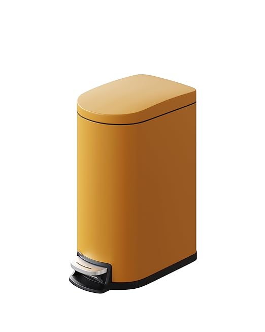 Garvee 2.6 gal / 10 L Metal Bathroom Trash Can with Lid, Slim Waterproof Garbage Can for Bedroom, Small Step-on Trash Bin with Inner Bucket, Rear Handle, Soft Close Lid, Yellow