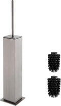 Toilet Brush and Holder Floor Standing, Brushed Nickel with 2 Replaceable Heads, Freestanding Toilet Bowl Brush with Removable Liner and Splash Guard, Modern Square Design