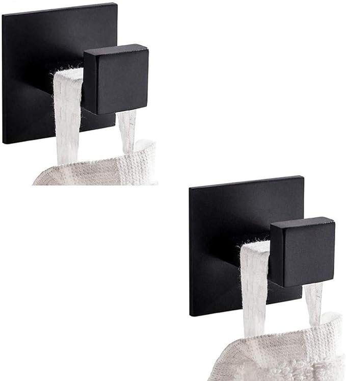Flybath Coat Hook SUS 304 Stainless Steel Towel Robe Hooks Square Bathroom Accessories Wall Mounted Self Adhesive (No Drilling), Plating Matte Black - 2 Pack