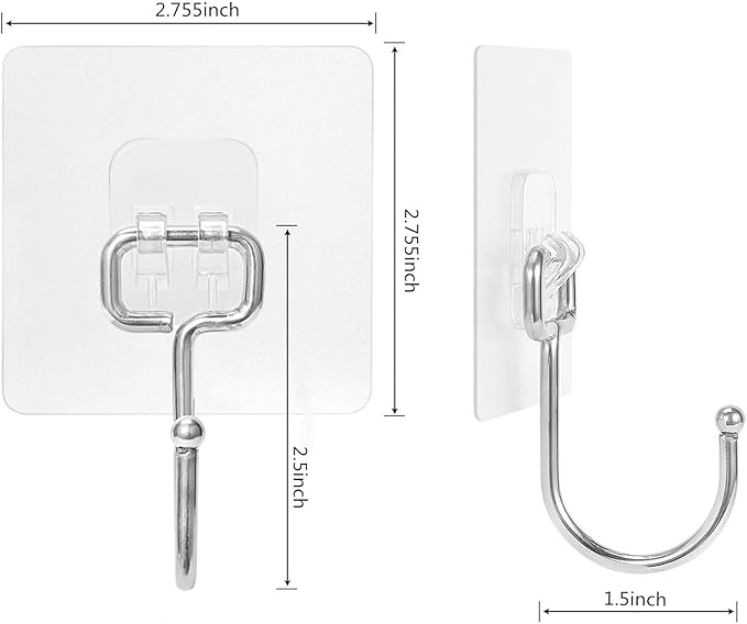 Stainless Steel Large Adhesive Hooks (8 pcs) - 22Ib/10KG Max, Waterproof & Rustproof for Heavy Duty Use in Kitchen, Bathroom, Home & Office
