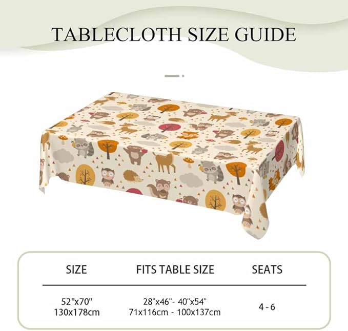 Cute Woodland Animals Table Cloth 52x70 Cartoon Rabbit Hedgehog Raccoon Autumn Tree Rectangular Tablecloth Polyester Washable Table Cover for Dining Kitchen Banquet Picnic Decorative