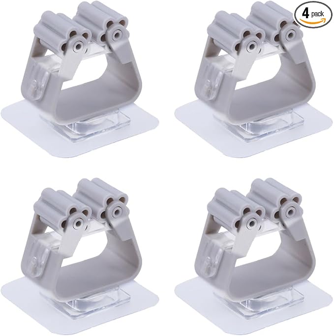 Broom and Mop Holder Clip 4 Pcs Mop Broom Wall Mounted Heavy Duty with Plastic Hooks Hanger No Drilling Mop Gripper for Home Bathroom Kitchen (Gray)