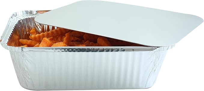 PARTY BARGAINS 5 Lb. Aluminum Foil Pans with Lids - 25 Count Set with Board Lids, 9 x 7 Inches Oblong Pan Food Container for Hot and Cold Use (Max 240°C)