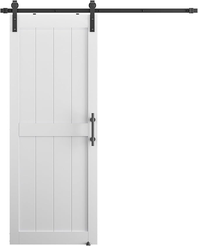 32''x 80'' Sliding Barn Door with 6.6 Ft Barn Door Hardware Kit& Handle& Floor Guides,Pre-Drilled Holes Easy Assembly - Include Installation Manual, Water-Proof PVC Surface, H-Frame, White