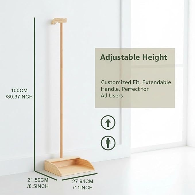 Wooden Dustpan – Long Handle Standing Dust Pan for Home, Lobby, Shop, Garage & Yard