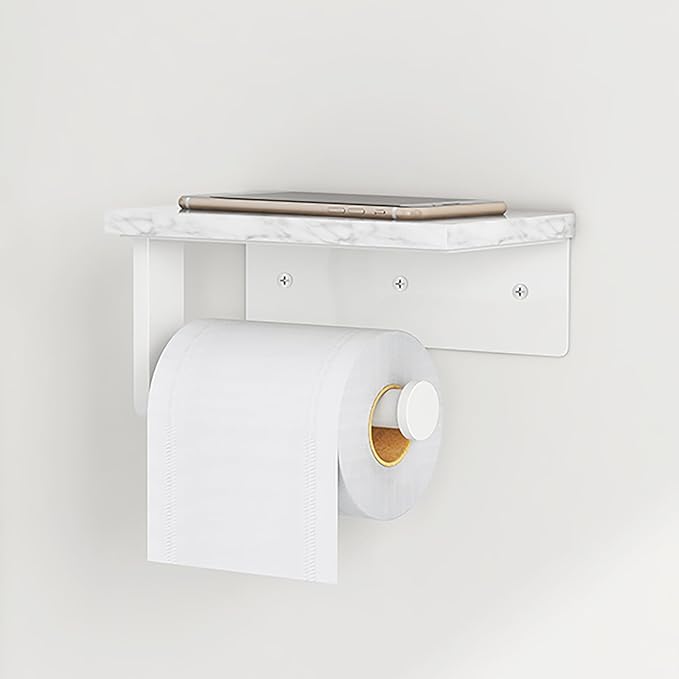 Toilet Paper Holder with Natural Marble Shelf, 304 Stainless Steel Screw Wall Mounted, Tissue Roll Paper Holder Dispenser for Bathroom Washroom White