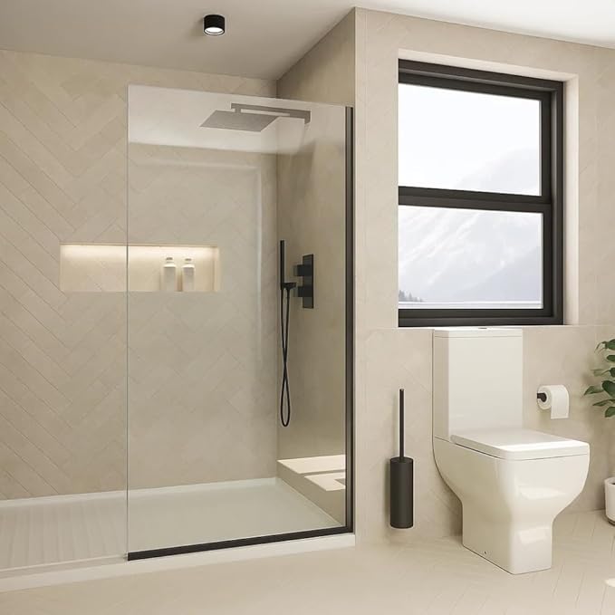 Yana Frameless Shower Door Screen, Fixed Shower Door Panels 3/8" Thick Tempered Glass, Water Repellent, Reversible Shower Wall Panel with Matte Black Finish 30" x 76"