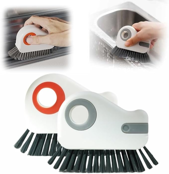 2 in 1 Groove Cleaning Brush Window Track Cleaning Tools, 2025 Upgrade Multifunction Hard Bristle Crevice Cleaner Brush with Hidden Scraper for Sliding Door Track, Window Sill (Grey+Orange)