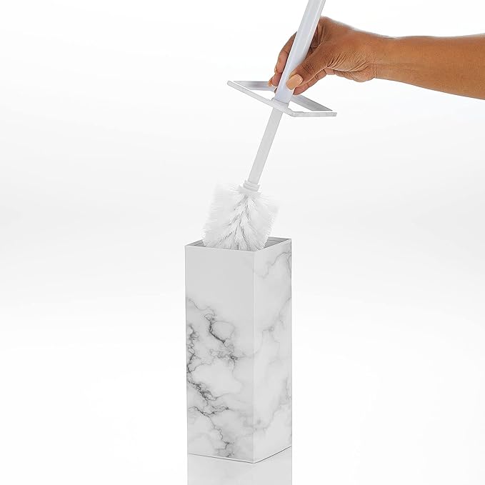 mDesign Steel Square Modern Toilet Bowl Brush and Holder for Bathroom Storage and Organization, Compact Free-Standing Design, Covered Brush - Sturdy, Deep Cleaning - Citi Collection - Marble