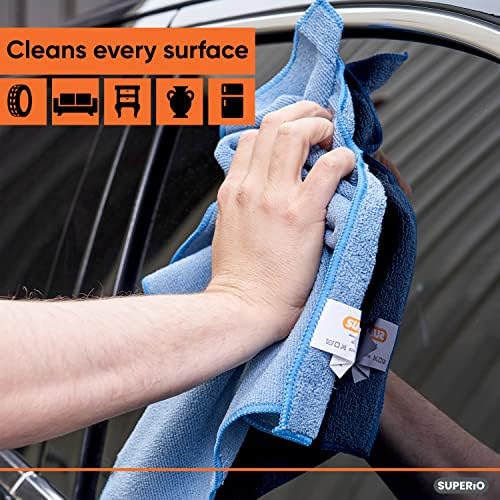 Superio Microfiber Cleaning Cloth for Cars, Kitchen Cleaning Rags for Housekeeping, 16" Micro Fiber Towels for House, Bathroom Absorbent All-Purpose Streak-Free lint-Free Wash Cloths (3 Blue)