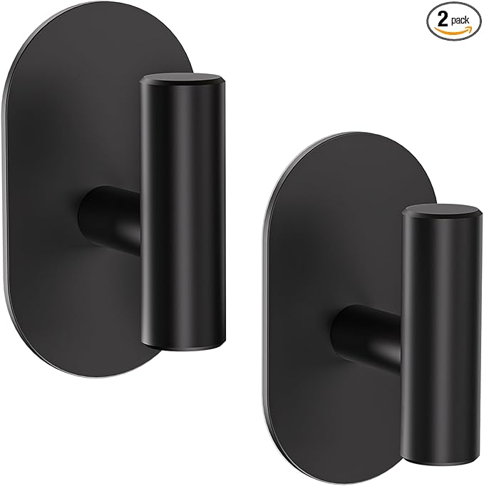 Black Adhesive Hooks Heavy Duty, Wall Hooks for Shower, Bathroom, Towel, Coat, Robe, Stainless Steel Hooks for Hanging, Waterproof & Rustproof Sticky Hooks for Walls No Damage- 2 Pack