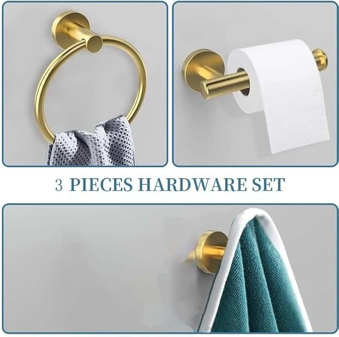 Towel Ring Set 3 Pieces Bathroom Kit Accessories Restroom Towel Holder Toilet Paper Holder and Hook Set Stainless Steel Bathroom Hardware (Brushed Gold)