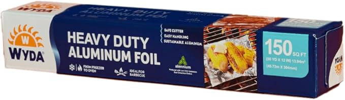 Wyda Heavy Duty Aluminum Foil – 150 Sq Ft (50 Yd x 12 In) |Strong Food-Grade with Built-In Cutter for Baking, Grilling, Cooking & Food Storage | Oven & Freezer Safe, Recyclable