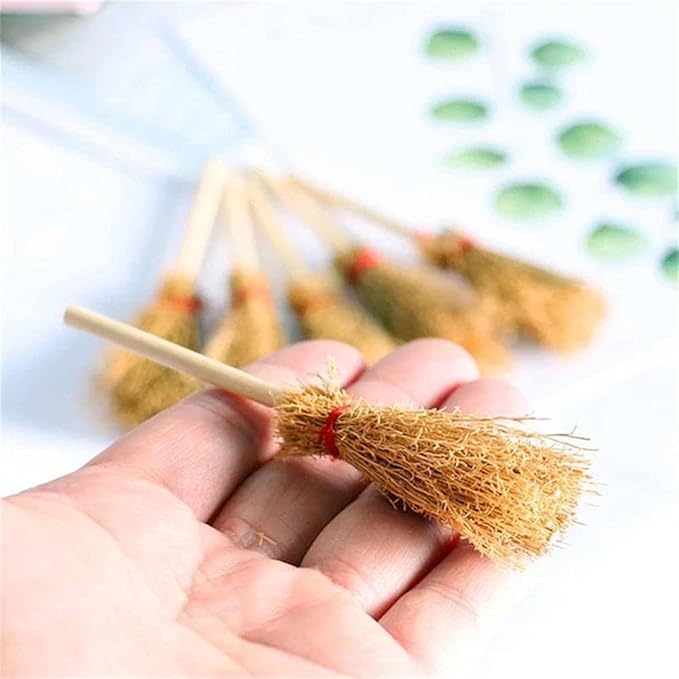 5Pcs Mini Witch Brooms for Dollhouse, Handmade 1:12 Scale Broomstick Set, Fairy Cottage Display and Cosplay Props