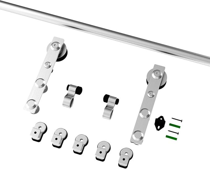 CCJH 6.6FT Stainless Sliding Barn Door Hardware Kit Heavy Duty for Single Wooden Door (Flat Shape Hanger)