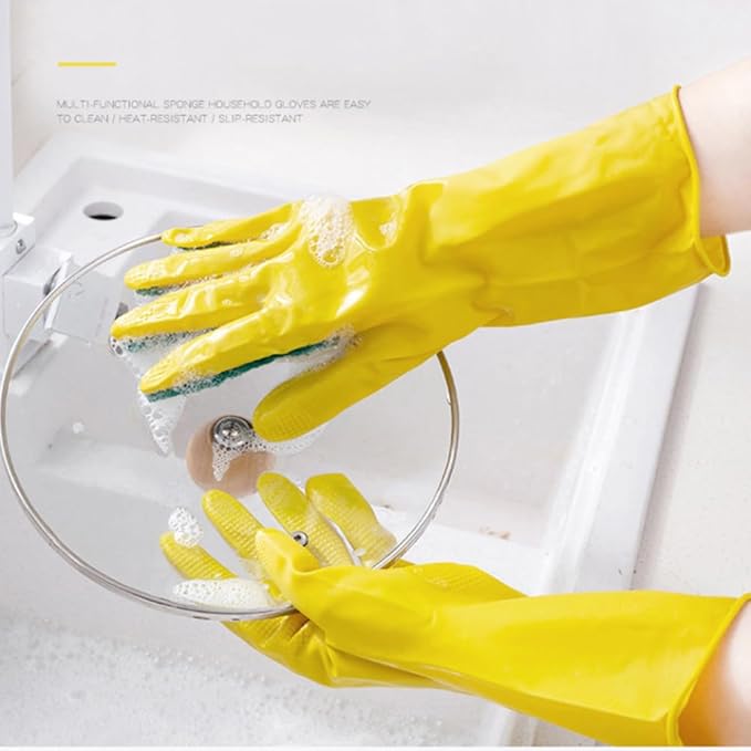 2 Pairs Latex Gloves Kitchen Dishwashing Gloves Kitchen Latex Gardening Scouring Pad