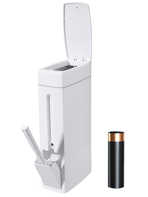 Slim Bathroom Trash Can,Bathroom Trash Can with Toilet Brush and Holder Set 4.5 Liter / 1.2 Gallon Press-Type Plastic Garbage Can Slim Rectangular Trash Bin for Toilet