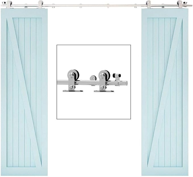 TSMST 7FT Sliding Barn Door Hardware Kit, Top Mount Stainless Steel Heavy Duty Sturdy Barn Door Track for Double Wood Door, Slide Smoothly Quietly (T Style)