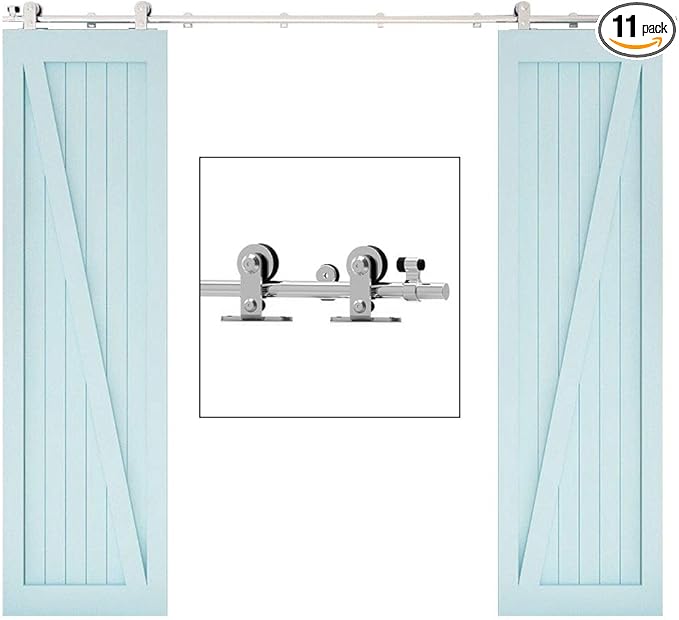 TSMST 16FT Sliding Barn Door Hardware Kit, Top Mount Stainless Steel Heavy Duty Sturdy Barn Door Track for Double Wood Door, Slide Smoothly Quietly (T Style)