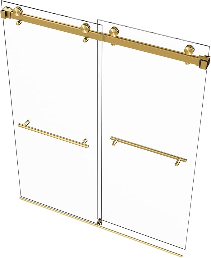 VITRA-200 56.5-59" W x 78" H Frameless Shower Door, Double Sliding with 3/8" Clear Tempered Glass (Satin Brass - Double Towel Bars)
