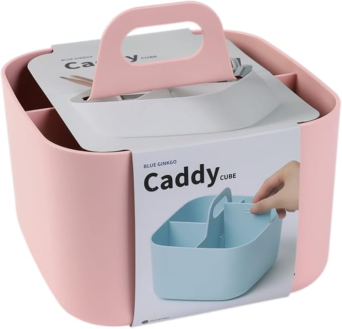 BLUE GINKGO Small Stackable Organizer Caddy – Korean-Made Portable Tote for Bathroom, Office, Crafts, or School Supplies (Square, Pink)