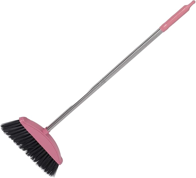 Unomor Clean Broom Stainless Steel Household Broom with Long Handle Soft Bristle Sweeping for Indoor and Outdoor Floor Cleaning Compact Reusable Dust Brush Pink 34.37 * 11.96 * 1.18in
