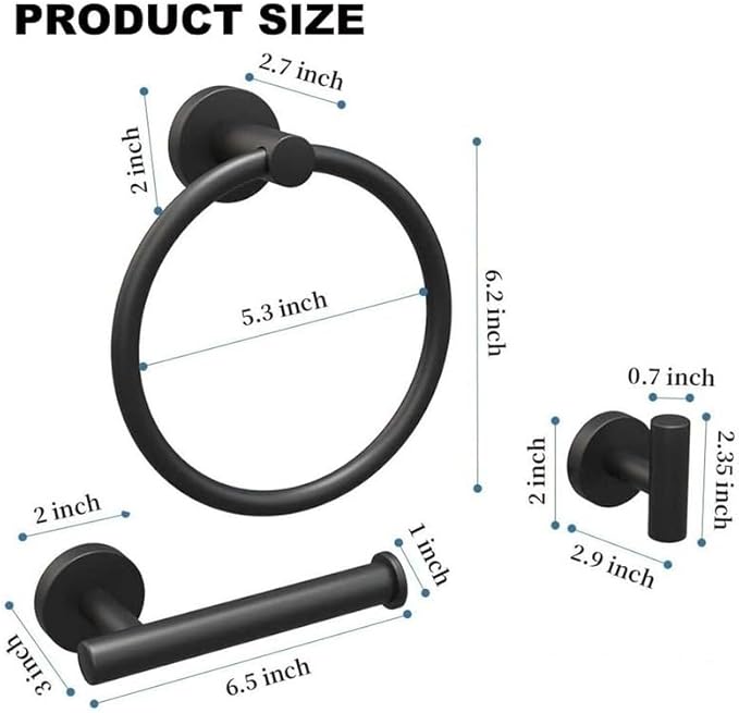 Towel Ring Set 3 Pieces Bathroom Kit Accessories Restroom Towel Holder Toilet Paper Holder and Hook Set Stainless Steel Bathroom Hardware (Matte Black)