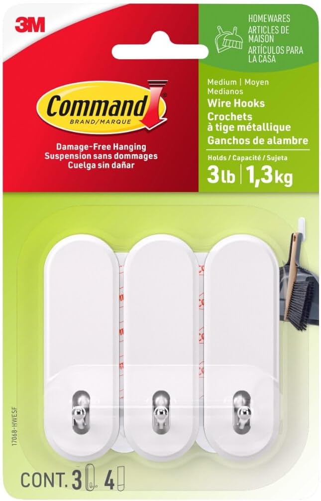 Command Medium Wire Hooks, 3 Hooks, 4 Strips, Damage-Free Hanging Wall Hooks with Adhesive Strips, No Tools Wall Hooks for Organization in Living Spaces, Holds up to 3 lb