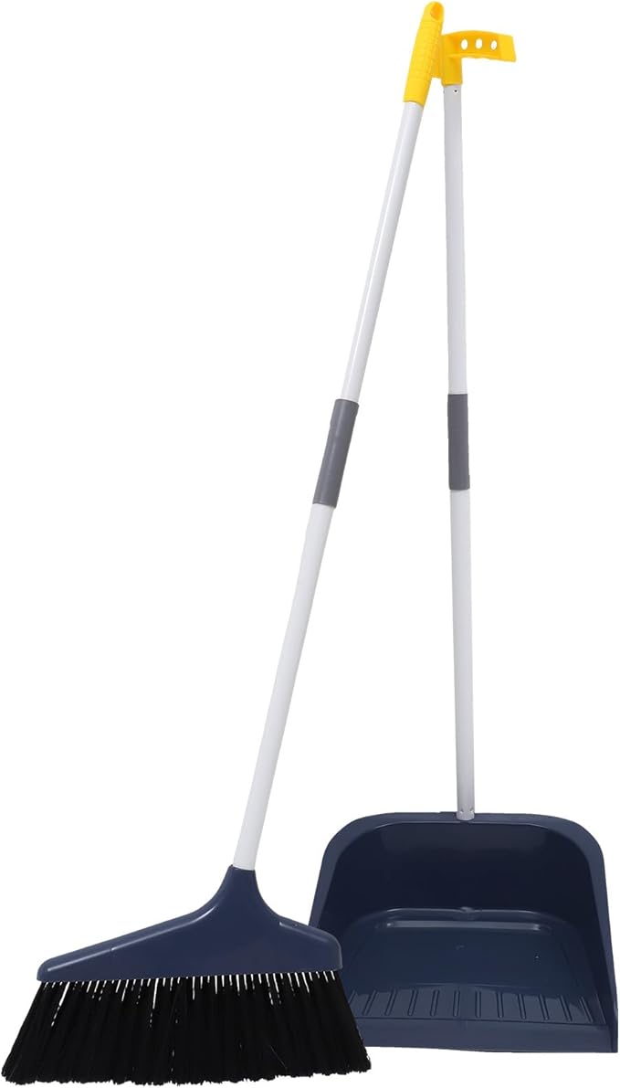 Soft Bristle Broom and Dustpan Set with Stainless Steel Handle, Magnetic Clip, and Long Reach for Home and Pet Hair Cleaning, Easy Hair Removal,Perfect for Indoor Floors and Sofa Areas