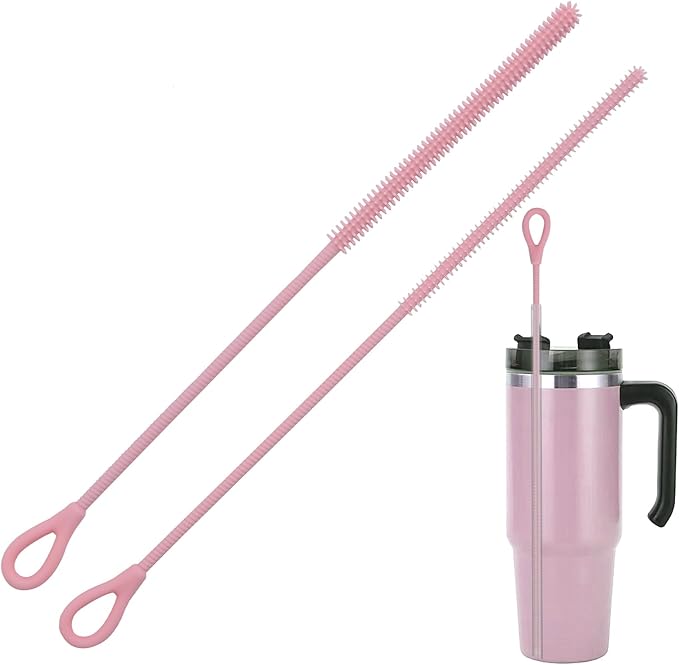 2Pcs silicone straw cleaning brushes, extra long, used for Cleaning Glass Metal Smoothie Straws and StrawCups,Non-slip Handle Soft and Bendable, 6mm+9mm. (Pink)