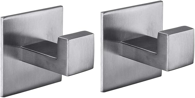 Flybath Coat Hook SUS 304 Stainless Steel Square Towel Robe Hooks Wall Mounted Self Adhesive (No Drilling), Brushed Finish - 2 Pack