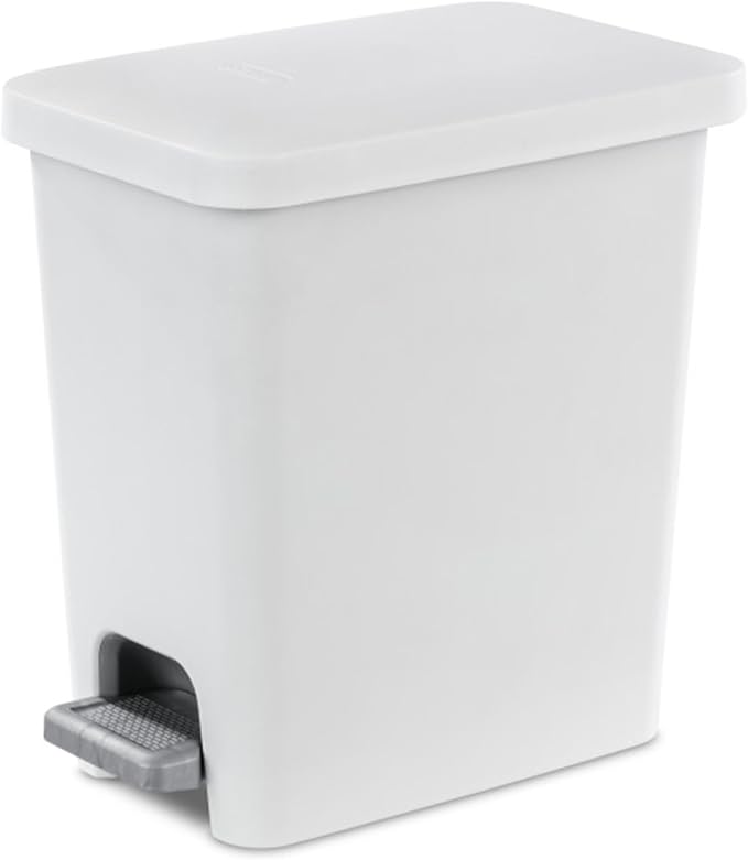 Sterilite 2.7 Gallon Rectangular Step On Kitchen Trash Bin Plastic Indoor Wastebasket with Removable Liner and Bag Holding Feature, White (8 Pack)