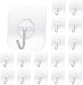 20 Pack Transparent Adhesive Hooks 30 lb(Max), Waterproof and Oilproof Reusable Seamless Hooks, Heavy Duty Wall Hook for Kitchen Bathroom Office