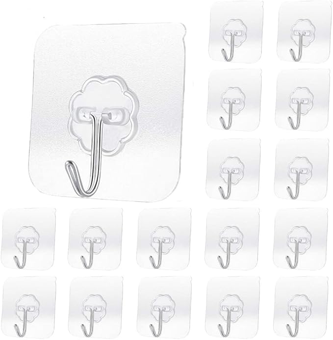 20 Pack Transparent Adhesive Hooks 30 lb(Max), Waterproof and Oilproof Reusable Seamless Hooks, Heavy Duty Wall Hook for Kitchen Bathroom Office