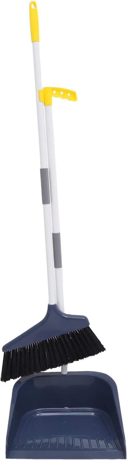 Stand Up Dustpan and Broom Set - Long Handle Broom with Upright Standing Dust Pan - Angled for Indoor Outdoor Home Kitchen Office Floor Cleaning (Blue)